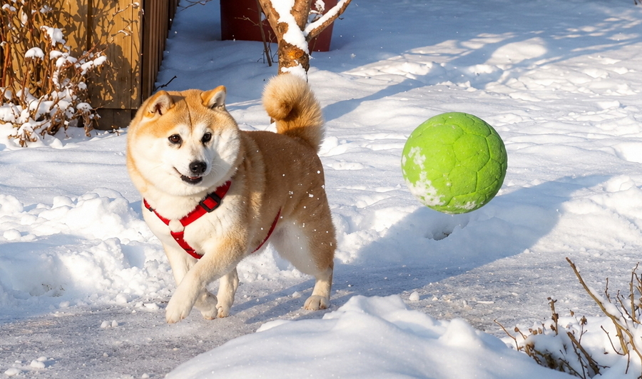 Fiene spielt im Schnee mit ihrem grünen Ball